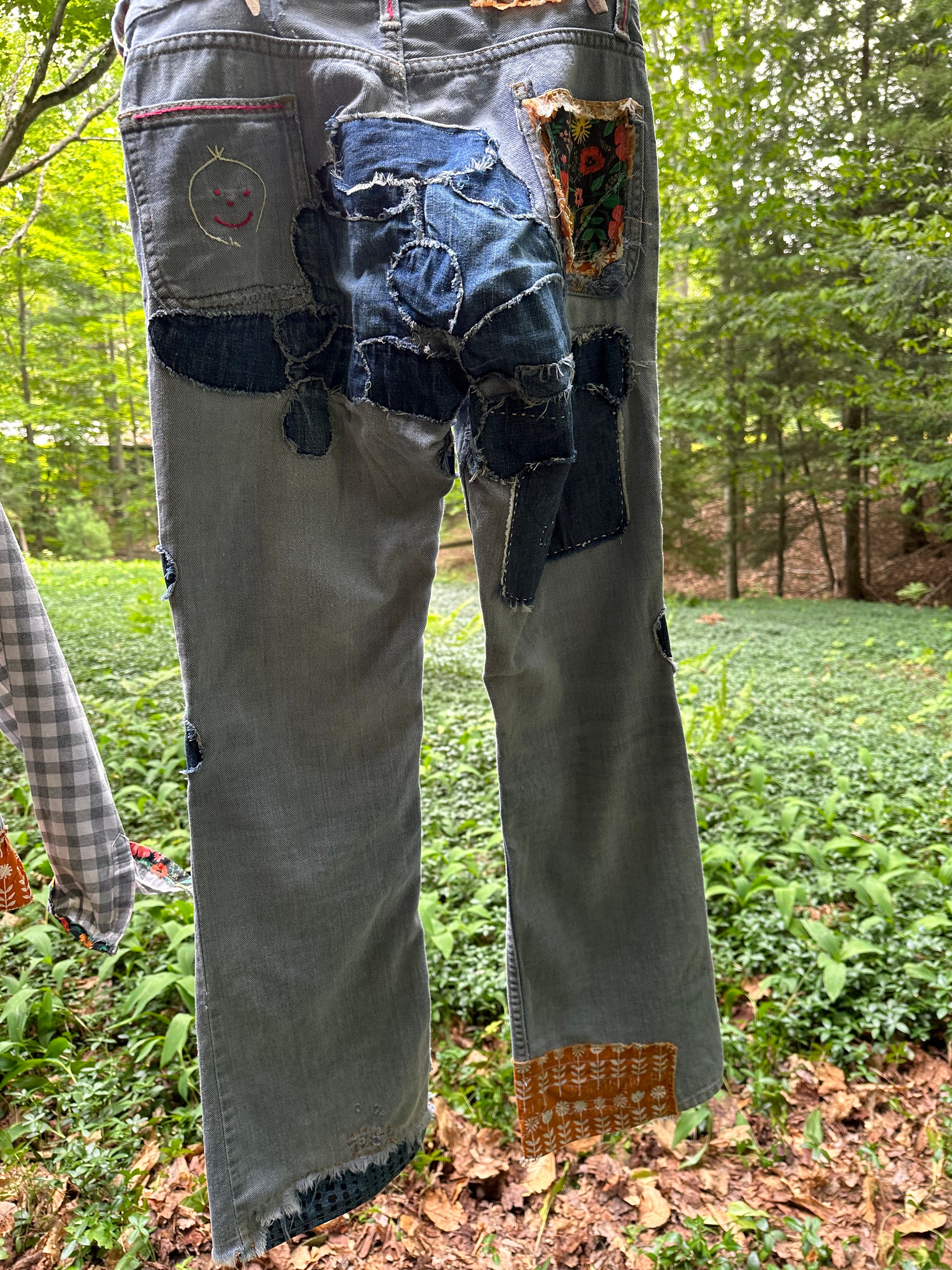 Authentic 1970s Vintage Hippy Patchwork Jeans Mended Authentic 1970s Vintage Hippy Patchwork Jeans Mended