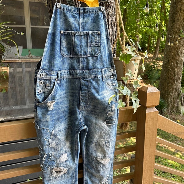 Obsessed! Distressed!! Boho vintage-style overalls, Farm-chic hand-stitched  patchwork and embroidery "Bleeker & Mercer" women's XL overalls