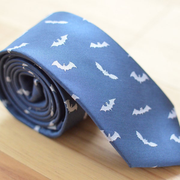 Blue Skinny Necktie with Bats Pattern, Spooky and Elegant, Perfect Gift For Halloween and Fall/Autumn