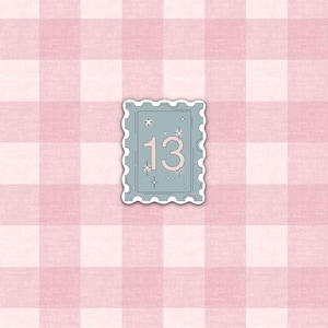 May include: A light blue sticker in the shape of a postage stamp with the number 13 in pink. The sticker has a white border and is decorated with small stars. The background is a pink and white gingham pattern.
