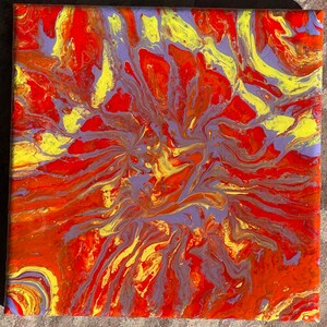 May include: Abstract painting on canvas with swirling patterns in shades of red, yellow, and purple.