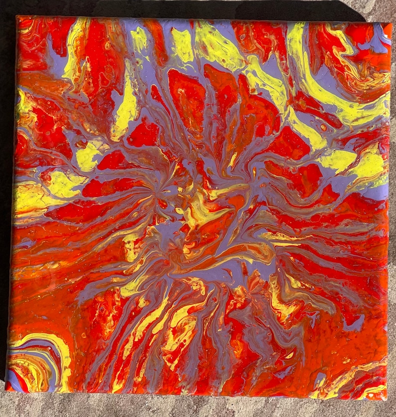 May include: Abstract painting on canvas with swirling patterns in shades of red, yellow, and purple.