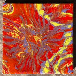 May include: Abstract painting on canvas with swirling patterns in shades of red, yellow, and purple.