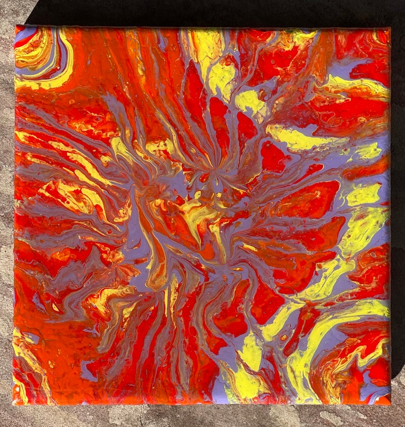 May include: Abstract painting on canvas with swirling patterns in shades of red, yellow, and purple.