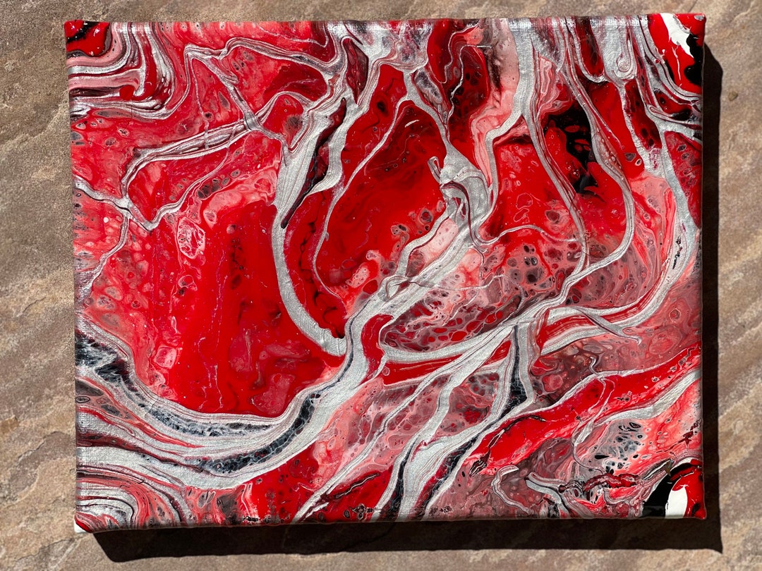 Red, Black, White, and Silver Pour Painting With Irregular Epoxy