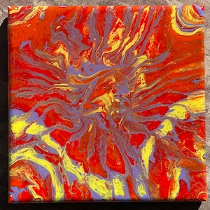 May include: Abstract painting with swirling patterns in shades of red, yellow, and purple.