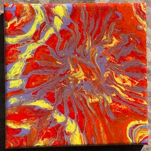 May include: Abstract painting with swirling patterns in shades of red, yellow, and purple. The colours blend together to create a dynamic and energetic composition.