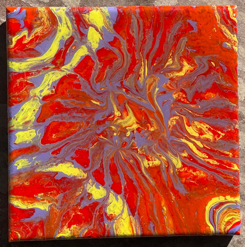May include: Abstract painting with swirling patterns in shades of red, yellow, and purple. The colours blend together to create a dynamic and energetic composition.