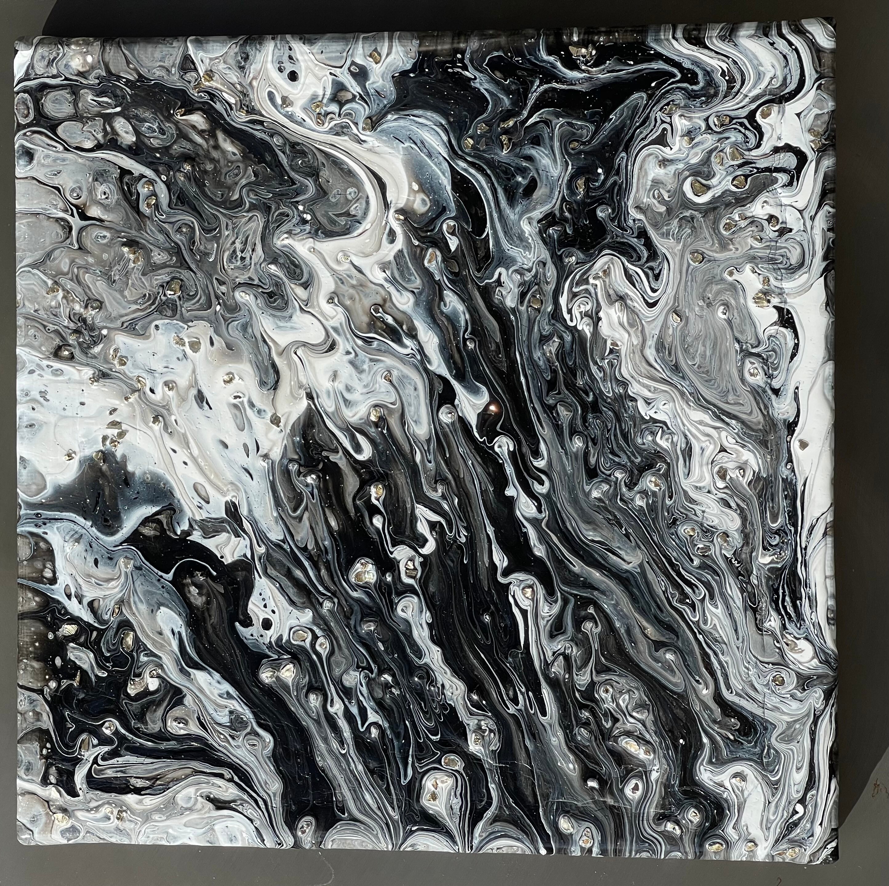 black and white acrylic pour painting