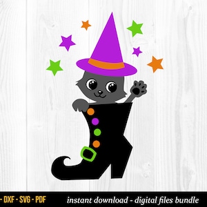Halloween Cat SVG, Cat in Witch Boot SVG File for Silhouette Cameo & Cricut, Black Cat SVG Files for Cricut, Cute Black Cat Digital Download