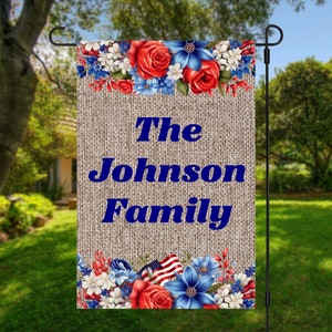 Personalized patriotic floral burlap garden flag, family patriotic flag, fourth of july garden flag, patriotic decor, independence day