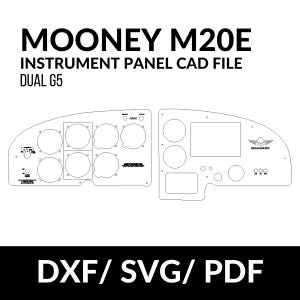 Puede incluir: Archivo CAD en blanco y negro de un panel de instrumentos Mooney M20E. El diseño incluye múltiples recortes circulares para indicadores, una pantalla rectangular y el texto "MOONEY M20E INSTRUMENT PANEL CAD FILE DUAL G5". Formatos de archivo: DXF, SVG y PDF.
