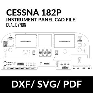 Puede incluir: Un archivo CAD en blanco y negro de un panel de instrumentos Cessna 182P. La imagen incluye el texto "CESSNA 182P INSTRUMENT PANEL CAD FILE DUAL DYNON" en la parte superior. La parte inferior de la imagen incluye el texto "DXF/SVG/PDF".