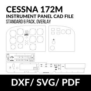 May include: A black and white CAD file diagram of a Cessna 172M instrument panel. The diagram includes the text "CESSNA 172M INSTRUMENT PANEL CAD FILE STANDARD 6 PACK, OVERLAY" and "DXF/SVG/PDF". The panel design features multiple circular and rectangular cutouts.