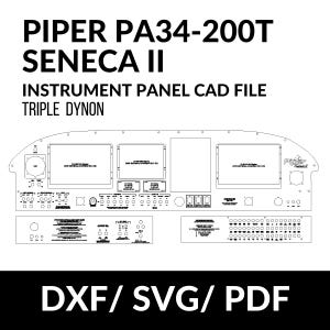 Może przedstawiać: Czarno-biały rysunek techniczny panelu przyrządów Piper PA34-200T Seneca II. Obraz zawiera tekst "INSTRUMENT PANEL CAD FILE" i "TRIPLE DYNON". Formaty plików to DXF, SVG i PDF.