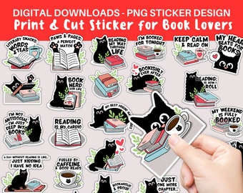 Book Lover Cat Stickers, Reading Bookish PNG Bundle (Digital Download)