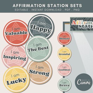 Estación de afirmación de aula editable Mostrar decoración de aula boho moderna Tarjeta de afirmación gratitud diaria Plantilla Canva YO SOY afirmación