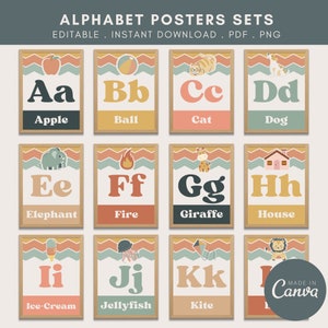 Editable Alphabet Classroom Posters Sets Alphabet for classroom decor editable letter template Boho Classroom theme PDF PNG preschool decor