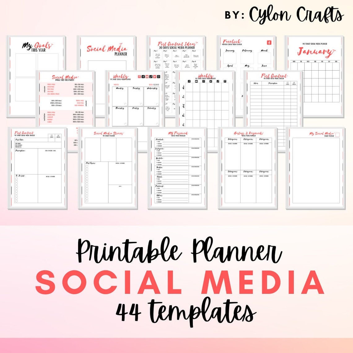 Printable Smart Social Media Planner-red/pink, Post Content Ideas ...