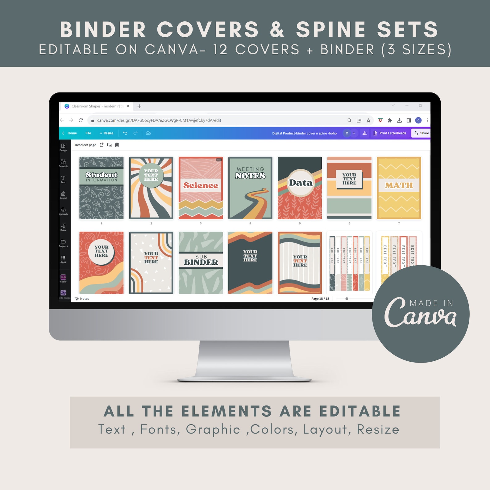 Editable Boho Binder Covers and Spines, Teacher Organization (canva ...