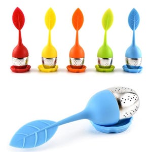 May include: Five silicone tea infusers with leaf-shaped handles in red, yellow, orange, green, and blue. Each infuser has a stainless steel mesh ball for loose tea.