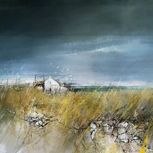 May include: A painting of a white house with a red roof in a field of tall grass. The sky is a stormy gray with a few white birds flying overhead.