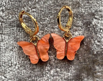 18K Gold Plated watermelon pink butterfly huggie hoop earrings, jewelry gift for her, prom jewelery