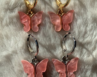 18K Gold Plated pink butterfly huggie hoop earrings, jewelry gift for her, prom jewelery