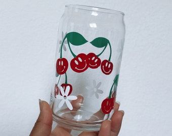 Daisy Cup, Cherries Cup, Smiley Cherries Cup, Flower Glass, Cherry Glass Cup, Iced Coffee Cup, Aesthetic Cup, Happy Cup, Positivity Cup