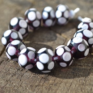 Purple White lampwork beads, Purple Rondelle glass beads, Ethnic glass beads, Murano glass beads, White dots glass beads, Lampwork bead set