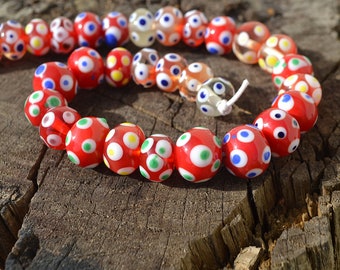 Red lampwork beads, Red beads with colorful dots, Rondelle glass beads, Rustic glass beads, Murano glass beads, Handmade lampwork