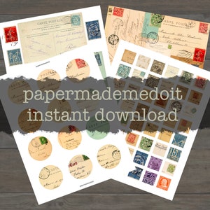 Zestaw do drukowania dziennika - pocztówki - arkusze kolaży pocztowych, 2-calowe kółka, 1-calowe kwadraty - Junk Journal Ephemera