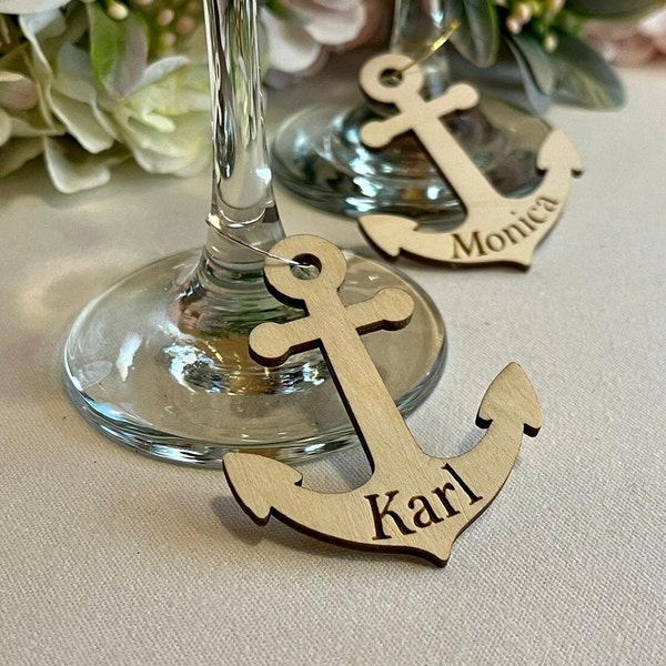 Nautical Wine Charms - Personalized Wood Place Cards - Custom Wooden Drink Tags - Anchor Names - Nautical Wedding Decoration - Party Favors