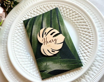 Personalized Monstera Place Card - Custom Wood Leaf Name Place Cards - Tropical Wedding Table Seating Decoration - Shower Party Favor