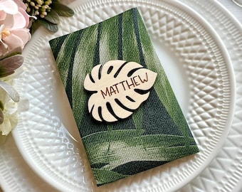 Personalized Monstera Place Card - Custom Wood Leaf Name Place Cards - Tropical Wedding Table Seating Decoration - Shower Party Favor