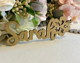 Tropical Place Cards - Wedding Hawaiian Hibiscus Flower Wood Name - Personalized Party Decorations - Hawaii Party - Tropical Baby Shower