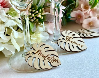 Personalized Monstera Wine Charms - Custom Wood Leaf Glass Name Tags - Custom Wooden Place Cards - Wedding Drink Decor Wedding Table Setting