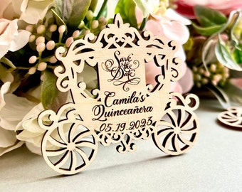 Quinceañera Save the Date magnets - Personalized Princess Fairytale invitation - Wooden Cinderella Carriage Magnet - Wood Quince Invite