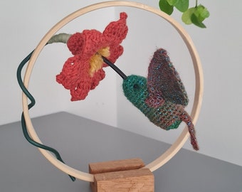 Hummingbird with flower hoop sculpture | Ornament | Crochet art |  Oddbirdz- hummingbird hoop