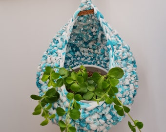 Recycled Fabric Crochet Hanging Basket | Turquoise Home Decor