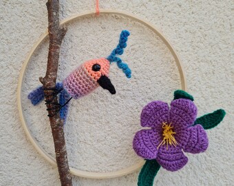 Crocheted bird and flower wall hanging hoop | Indoor wreath | Mother's Day gift | Oddbirdz - Imogen