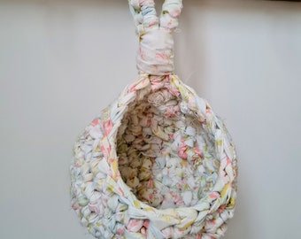 Recycled fabric crochet small hanging basket | Home decor | Home storage | Plant hanger | Peg bag