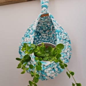 May include: A blue and white crocheted hanging planter with a green plant inside. The planter is hanging from a hook on a wooden wall.