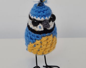 Crochet Blue Tit Bird Sculpture | Handmade British Garden Oddbirdz Ornament | Made to Order