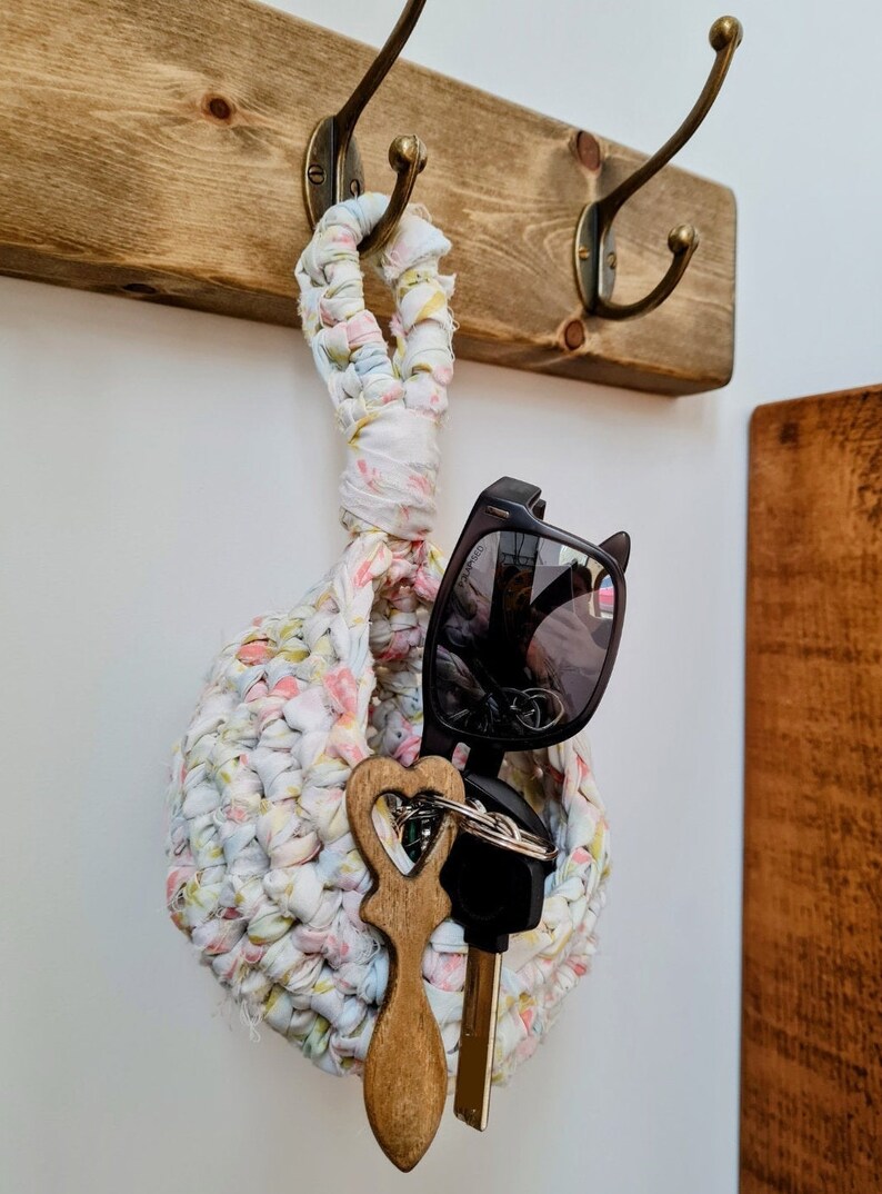 Recycled fabric crochet small hanging basket | Home decor | Home storage | Plant hanger | Peg bag image 4