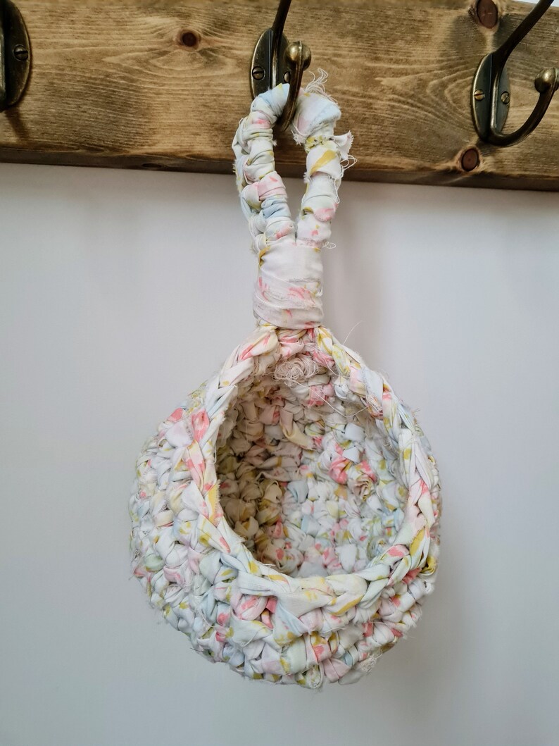 Recycled fabric crochet small hanging basket | Home decor | Home storage | Plant hanger | Peg bag image 1