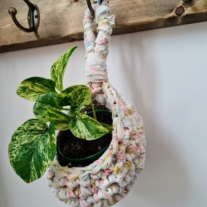 Recycled fabric crochet small hanging basket | Home decor | Home storage | Plant hanger | Peg bag image 2