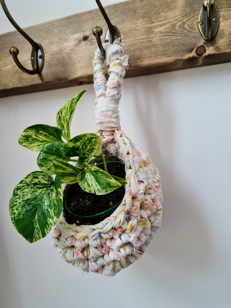 Recycled fabric crochet small hanging basket | Home decor | Home storage | Plant hanger | Peg bag image 2