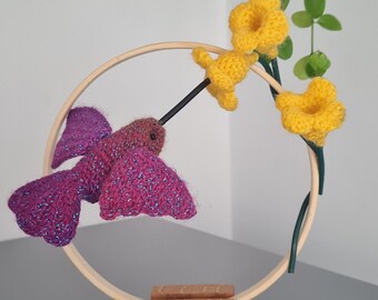 Hummingbird with flower hoop sculpture | Ornament | Crochet art |  Oddbirdz- hummingbird hoop