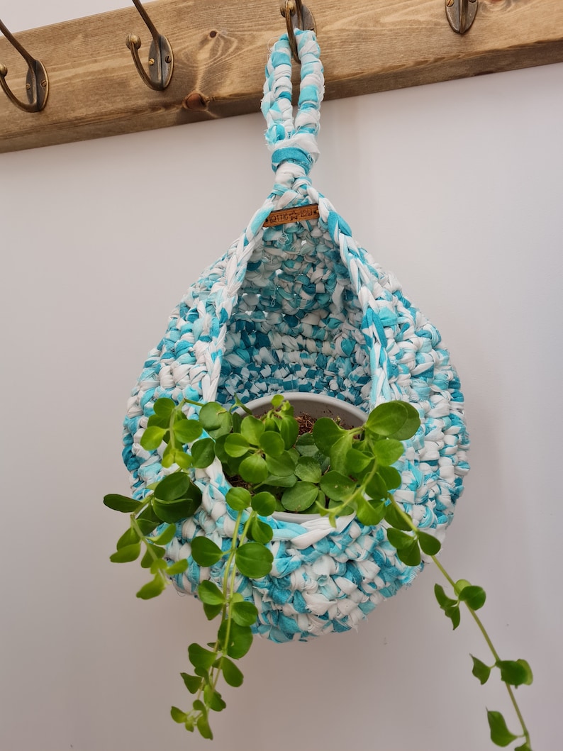 May include: A blue and white crocheted hanging planter with a green plant inside. The planter is hanging from a hook on a wooden wall.